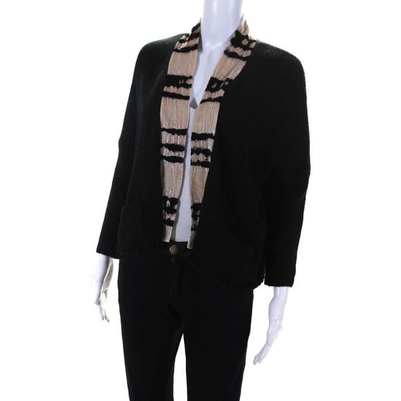 Viviana Uchitel Womens Velvet Trim Open Front Cardigan Sweater Black Size 1 - Picture 2 of 7